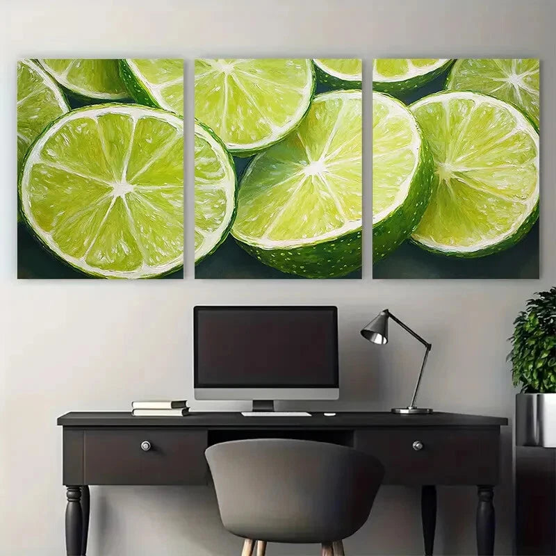 3pcs Lime Slices Fruit Kitchen Design Metal Print Ready to Hang Art - Bella Home Decor