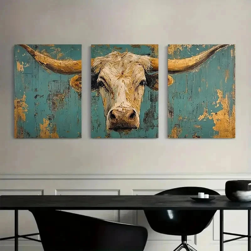 3pcs Distressed Painting of Longhorn Cow Metal Print Ready to Hang Art - Bella Home Decor