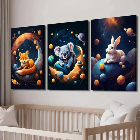 3pcs Fox Koala & Rabbit with Fantasy Planet Wall Art Canvas Unframed - High Quality Print 100% Australian Made Wall Canvas - Bella Home Decor