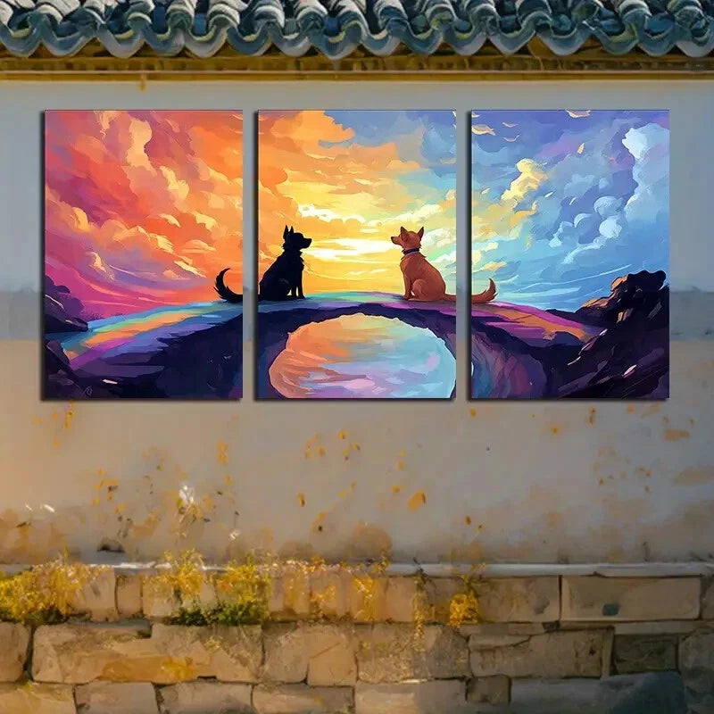 3pcs Vibrant Rainbow Bridge Dogs Design Metal Print Ready to Hang Art - Bella Home Decor