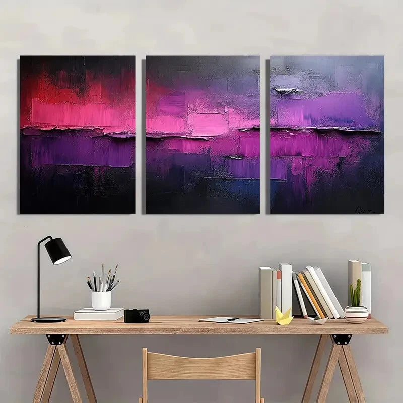 3pcs Minimalist Painting Purple Abstract Textured Metal Print Ready to Hang Art - Bella Home Decor