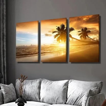 3pcs Sunset Over The Sea & Palm Trees Wall Art Canvas Unframed - High Quality Print 100% Australian Made Wall Canvas
