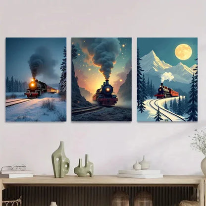 3pcs Vintage Train Triptych Snowy Moonlit Night Wall Art Set Canvas Unframed - High Quality Print 100% Australian Made Wall Canvas