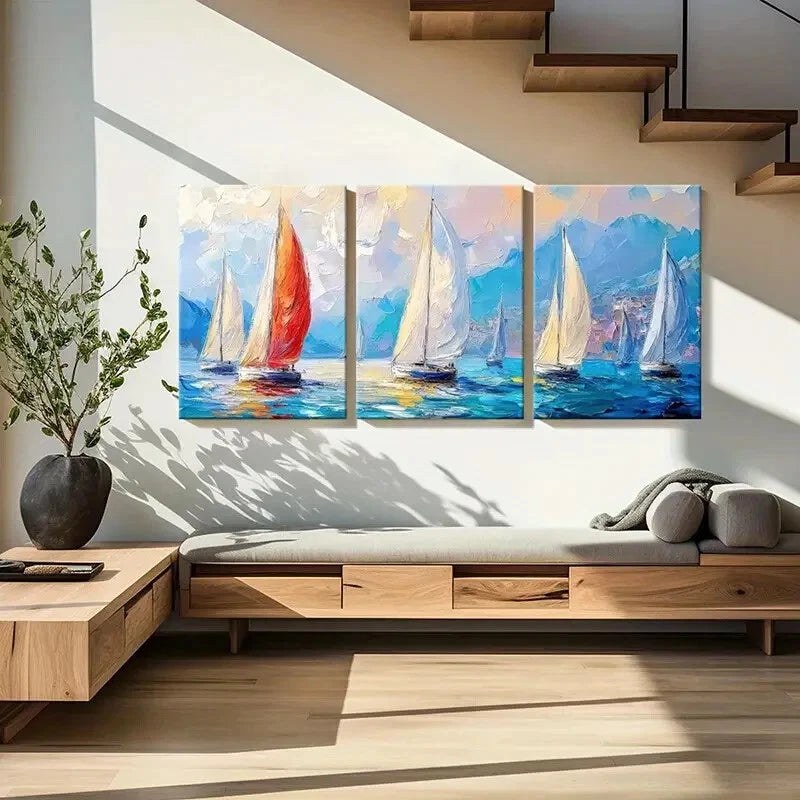 3pcs Sailing Boats Ocean Waves Blue Sky Metal Print Ready to Hang Art - Bella Home Decor