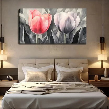 Pink & Purple Flowers Green Wall Art Canvas Office Home Room Framed 120x60cm
