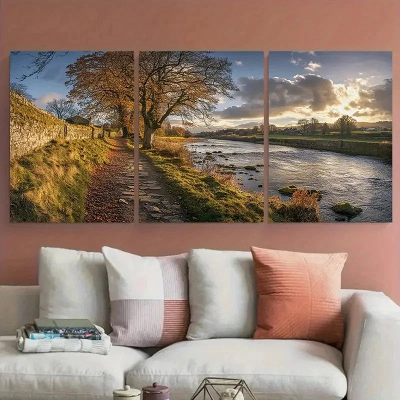 3pcs River Tweed Print with Lone Tree & Stone Metal Print Ready to Hang Art - Bella Home Decor