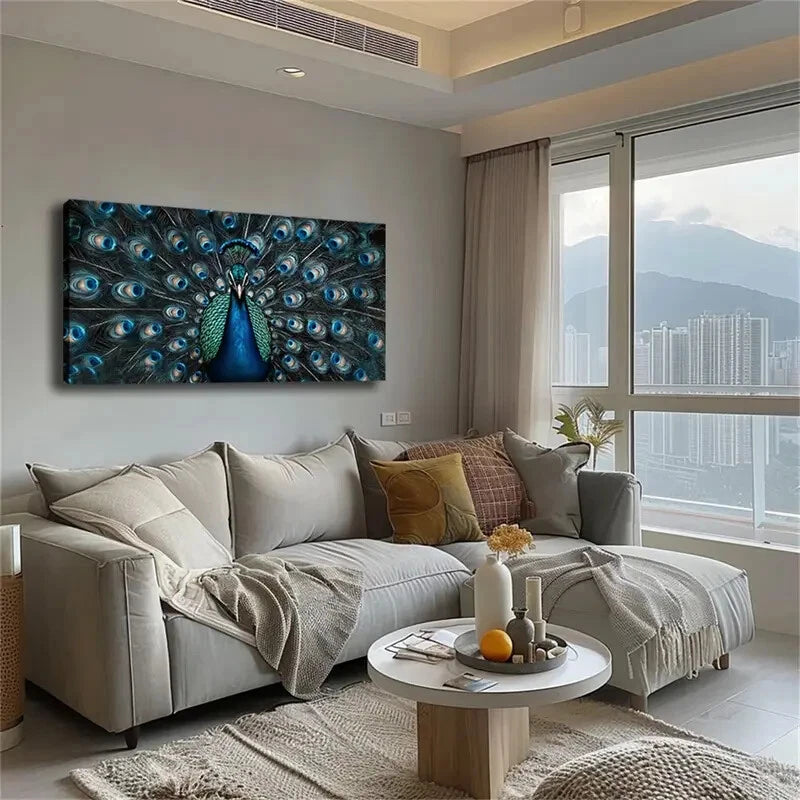 Peacock Exquisite Feathered Wall Art Canvas Office Home Room Framed 120x60cm - Bella Home Decor