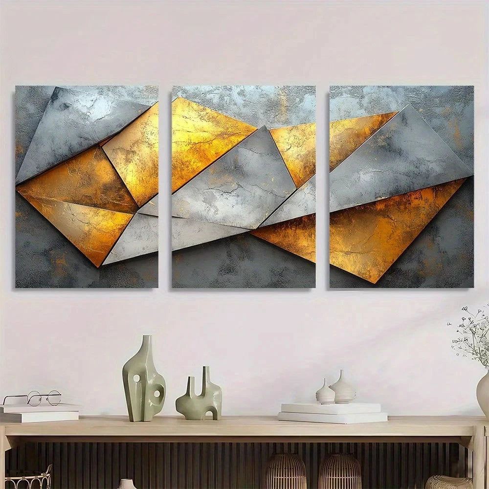 3pcs Elegant Abstract Geometric White Golden Metal Print Ready to Hang Art