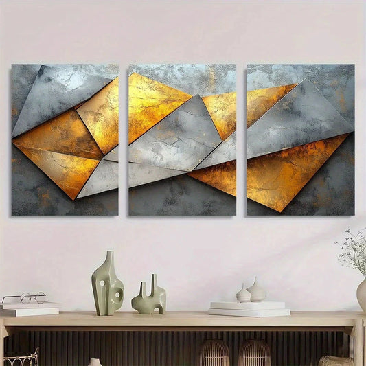 3pcs Elegant Abstract Geometric White Golden Metal Print Ready to Hang Art