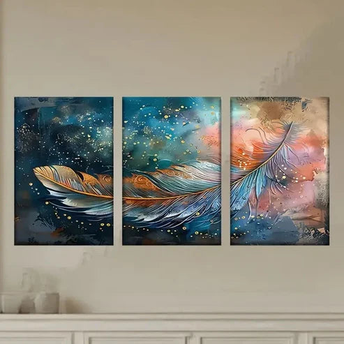 3pcs Painting of a Feather on a Blue Wall Art Set Canvas Unframed - High Quality Print 100% Australian Made Wall Canvas - Bella Home Decor