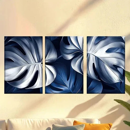 3pcs Abstract Blue and White Plant Leaves Wall Art Canvas Unframed - High Quality Print 100% Australian Made Wall Canvas