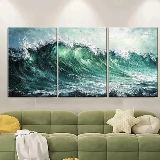 3pcs Green Abstract Textured Ocean HJ Wall Art Set Canvas Framed 60x90cm - High Quality Print 100% Australian Made Wall Canvas Ready to Hang