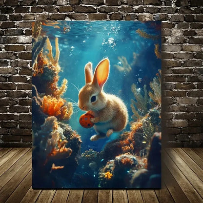 Mystical Fantasy Scene of Rabbit Playing Painting 40x60cm Metal Print Ready to Hang