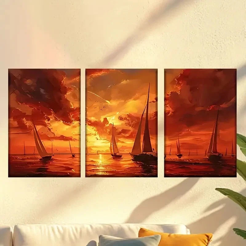 3pcs Sailboats in Sunset Wall Art Set Canvas Framed 50x70cm - High Quality Print 100% Australian Made Wall Canvas Ready to Hang