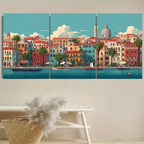 3pcs Venice Travel, Vibrant Italian Cityscape Wall Art Canvas Unframed - High Quality Print 100% Australian Made Wall Canvas - Bella Home Decor