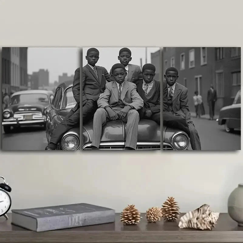 3pcs Vintage Car & Teens Scene Wall Art Set Canvas Framed 40x60cm - High Quality Print 100% Australian Made Wall Canvas Ready to Hang
