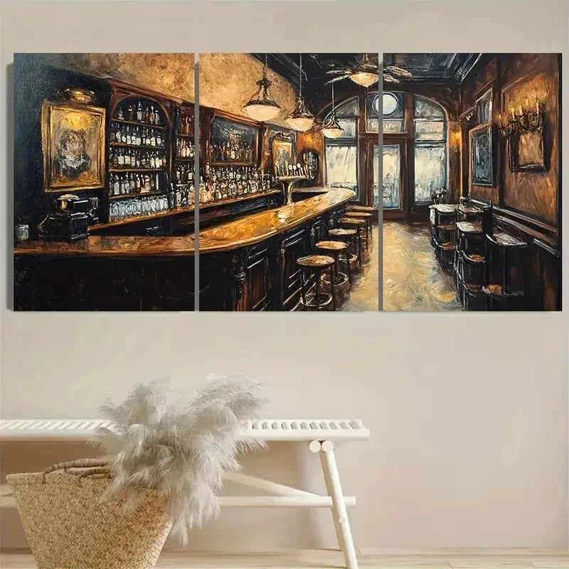 3pcs Vintage Victorian Bar, Old Timey Tavern Wall Art Set Canvas Framed 50x70cm - High Quality Print 100% Australian Made Wall Canvas Ready to Hang - Bella Home Decor