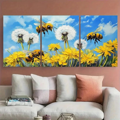 3pcs Vibrant Dandelion Flowers Honeybee Design Metal Print Ready to Hang Art - Bella Home Decor