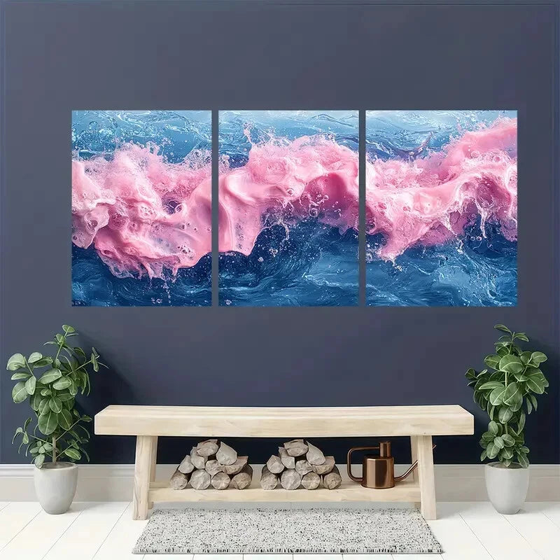 3pcs Pink and Blue Water Modern Abstract Metal Print Ready to Hang Art - Bella Home Decor