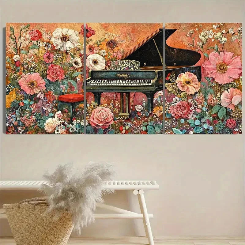 3pcs Enchanting Piano & Floral Wall Art Set Canvas Framed 40x60cm - High Quality Print 100% Australian Made Wall Canvas Ready to Hang