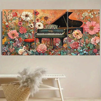 3pcs Enchanting Piano & Floral Wall Art Set Canvas Framed 40x60cm - High Quality Print 100% Australian Made Wall Canvas Ready to Hang