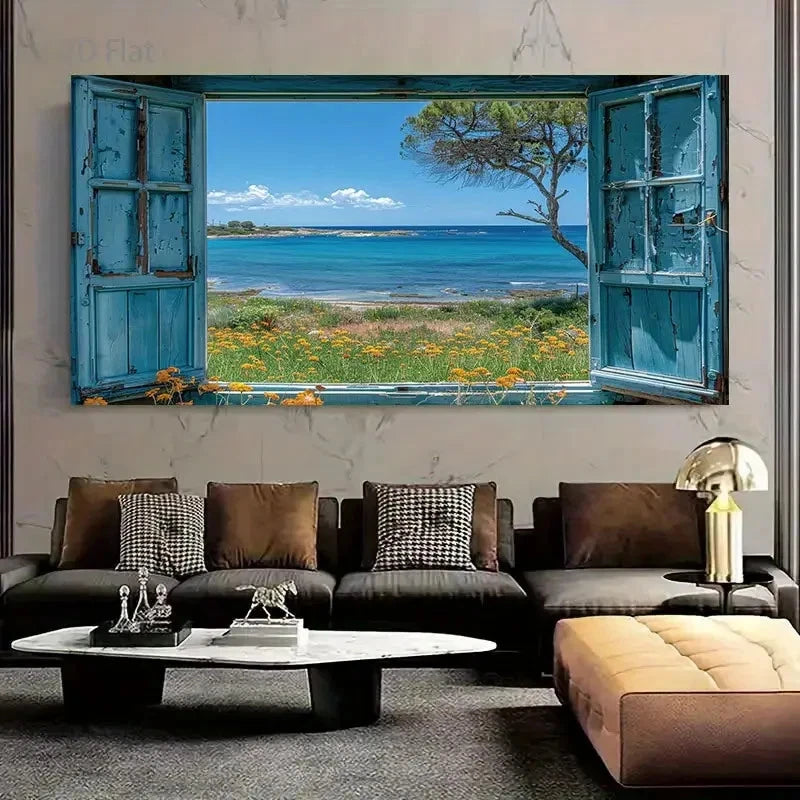 Turquoise Shutters & Ocean View Wall Art Canvas Office Home Room Framed 120x60cm