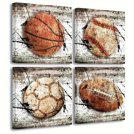 4pcs Baseball, Soccer & Football Wall Art Canvas Framed