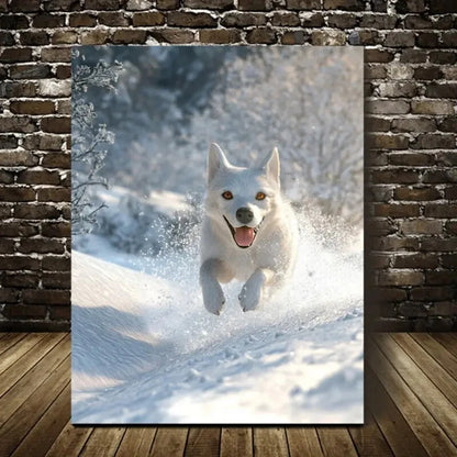 Beautiful Contemporary Style Snowy Dog Painting 40x60cm Metal Print Ready to Hang - Bella Home Decor