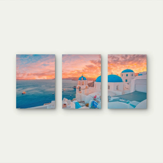 3pcs A Painted Sunset In Ancient Oia Wall Art Set Canvas Framed 40x60cm - High Quality Print 100% Australian Made Wall Canvas Ready to Hang - Bella Home Decor