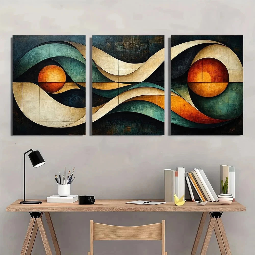 3pcs Modern Abstract Geometric Beige Metal Print Ready to Hang Art - Bella Home Decor