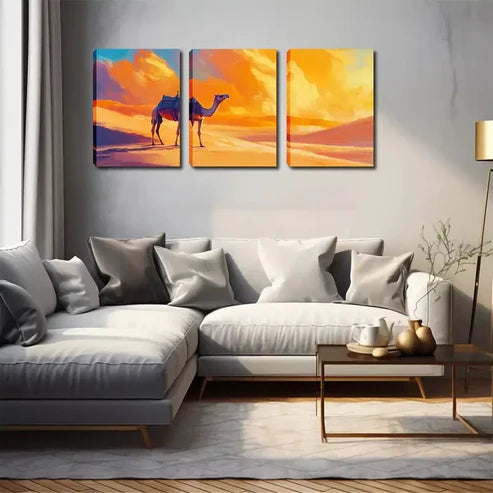 3pcs Vibrant Desert Camel Triptych Wall Art Canvas Unframed - High Quality Print 100% Australian Made Wall Canvas