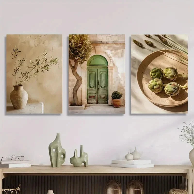 3pcs Rustic Italian Vintage Olive Tree & Vase Metal Print Ready to Hang Art