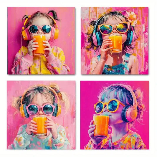 4pcs Vibrant Girl Drinking Juice Wall Art Canvas Framed