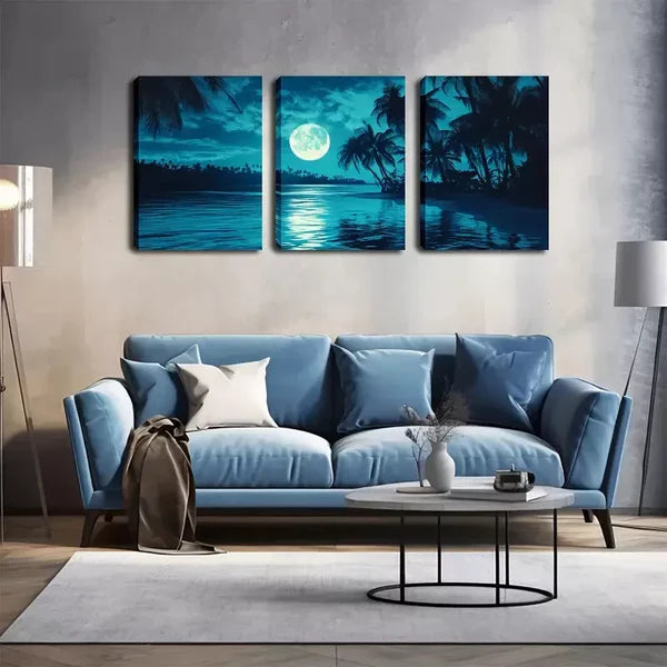 3pcs Night, Moon, Coconut Tree Wall Art Set Canvas Framed 60x90cm - High Quality Print 100% Australian Made Wall Canvas Ready to Hang - Bella Home Decor