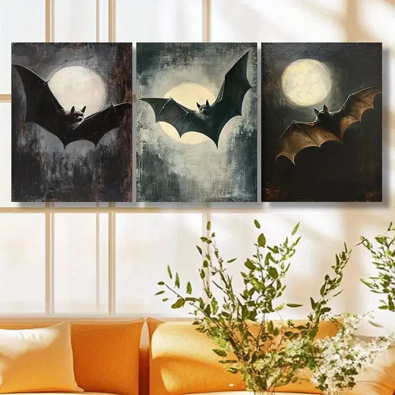 3pcs Bat Design Moonlit Sky Dark Gothic Art Metal Print Ready to Hang Art - Bella Home Decor