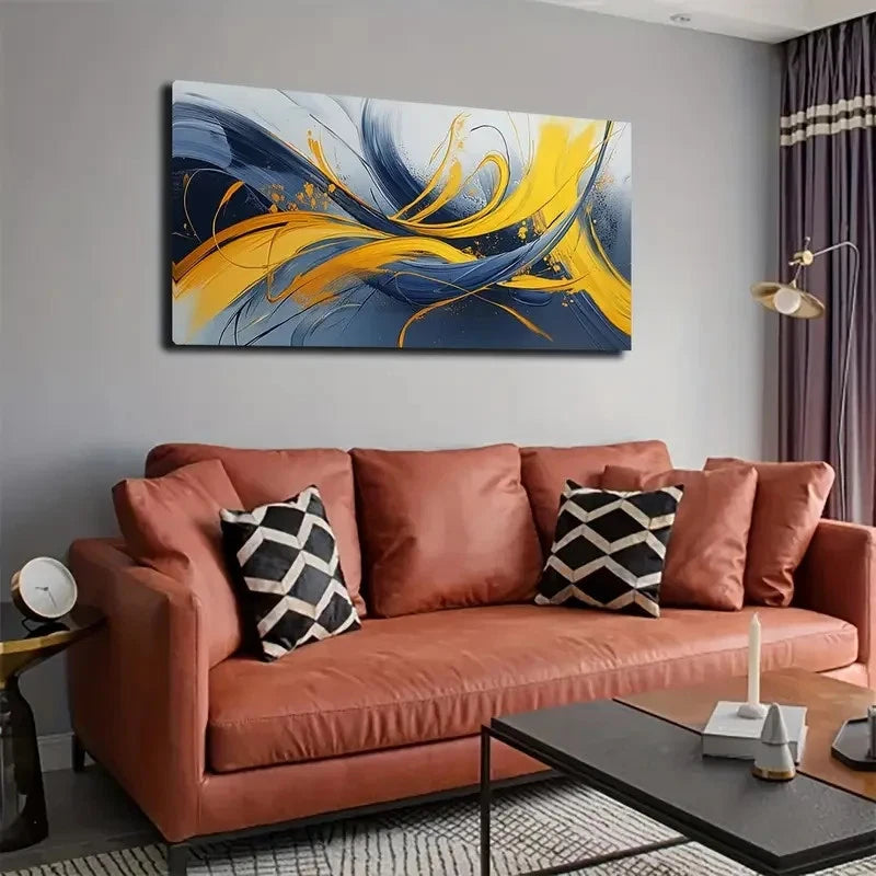 Dynamic Blue Yellow Black Wall Art canvas office home room framed 120x60cm