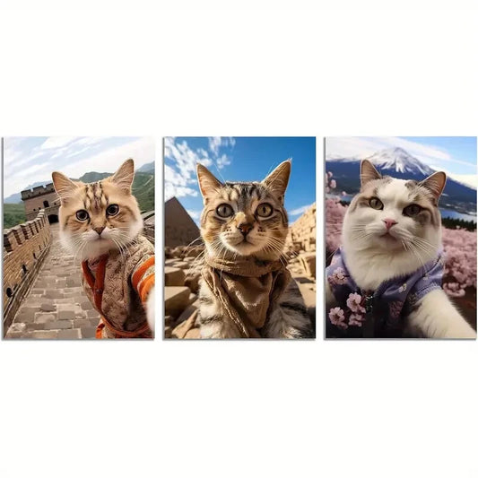 3pcs Funny Cats at Great Wall Pyramid & Mount Fuji Metal Print Ready to Hang Art