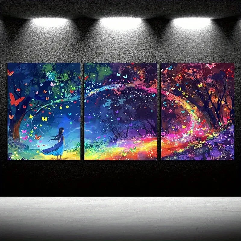 3pcs Vibrant Butterfly Girl Magical Illustration Metal Print Ready to Hang Art - Bella Home Decor
