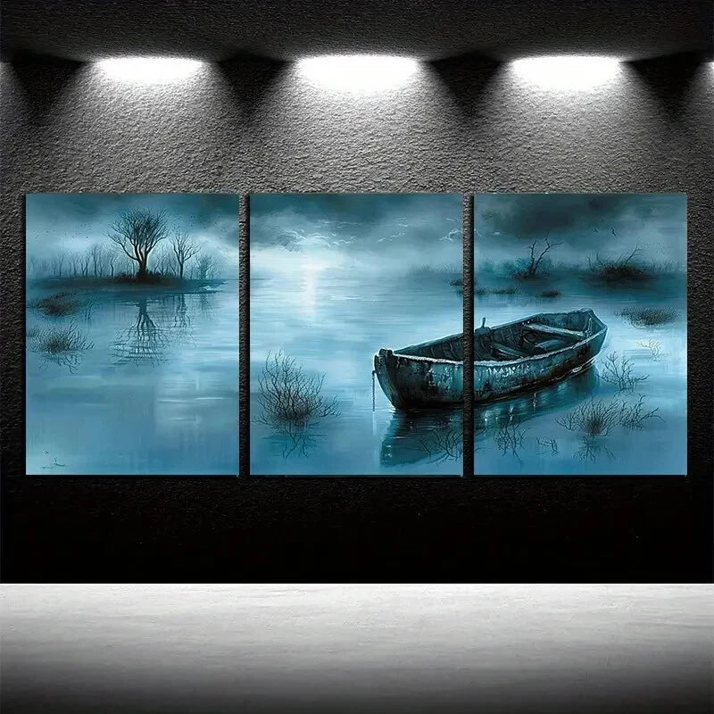 3pcs Dark Lake and Boat Scene Metal Print Ready to Hang Art - Bella Home Decor