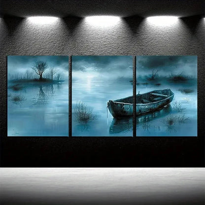 3pcs Dark Lake and Boat Scene Metal Print Ready to Hang Art - Bella Home Decor