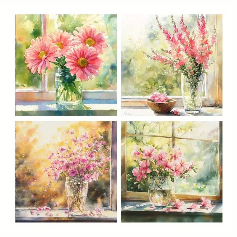 4pcs Vase Poster, Pink Flower Art Prints Wall Art Canvas Framed