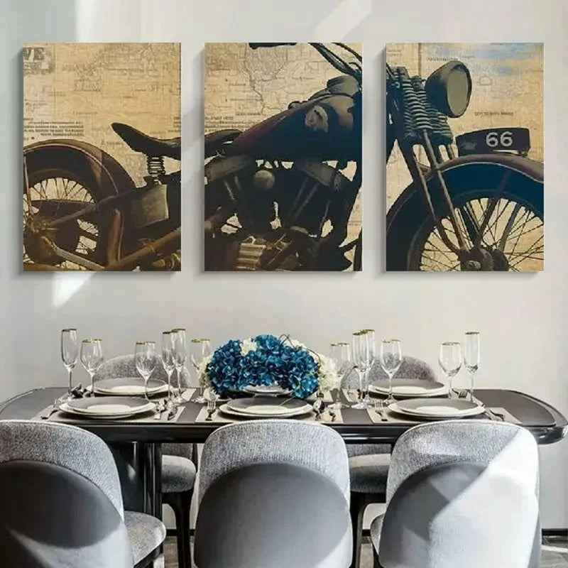 3pcs Classic Route 66 Vintage Motorcycle Metal Print Ready to Hang Art - Bella Home Decor