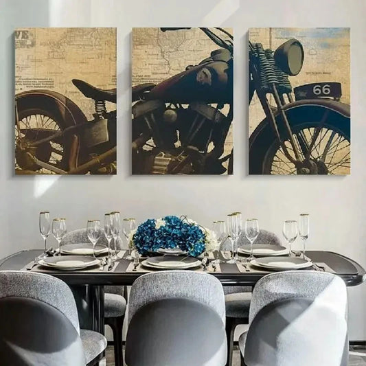 3pcs Classic Route 66 Vintage Motorcycle Metal Print Ready to Hang Art