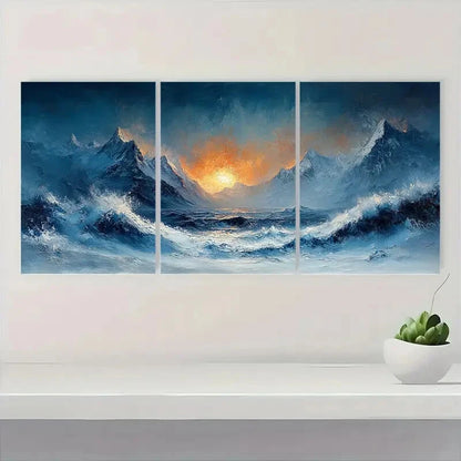 3pcs Abstract Wave & Mountain Landscape Metal Print Ready to Hang Art - Bella Home Decor