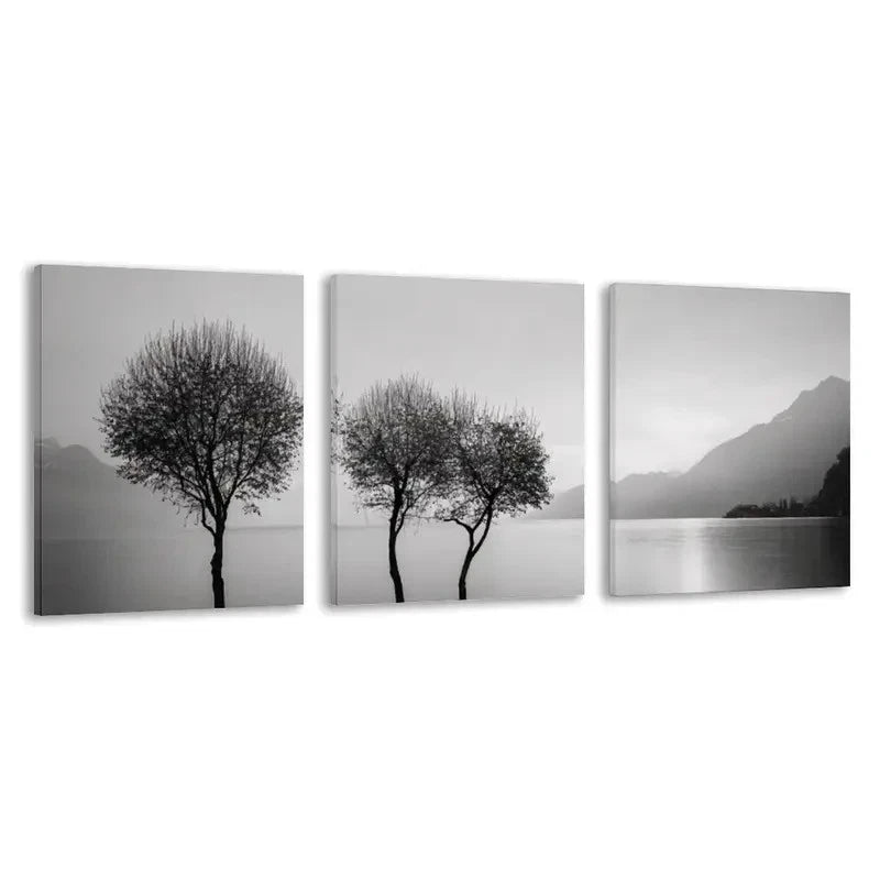 3pcs Black & White Three Trees by the Lake Wall Art Set Canvas Framed 50x70cm - High Quality Print 100% Australian Made Wall Canvas Ready to Hang - Bella Home Decor