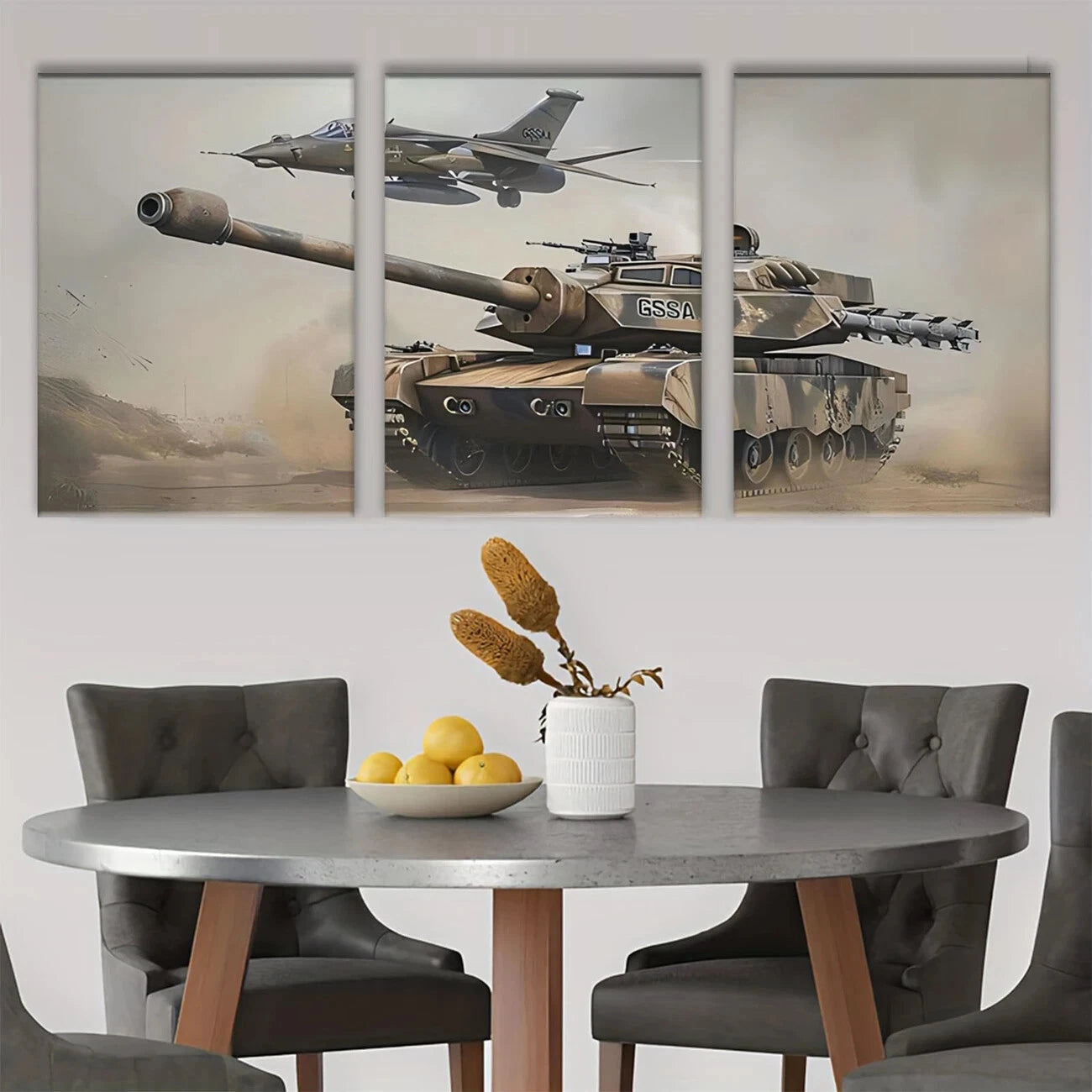 3pcs Tan Military Aircraft and Tank Triptych Metal Print Ready to Hang Art