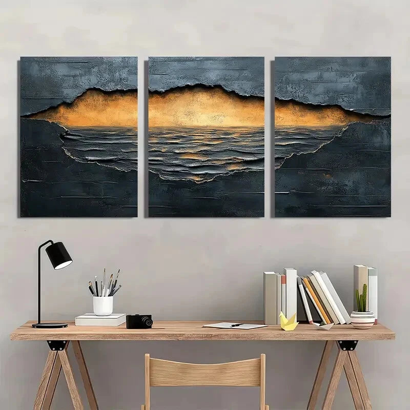 3pcs Beige, Black & Brown Textured Abstract Metal Print Ready to Hang Art