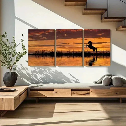3pcs Animal Art Painting Horse At Sunset Wall Art Set Canvas Unframed - High Quality Print 100% Australian Made Wall Canvas - Bella Home Decor