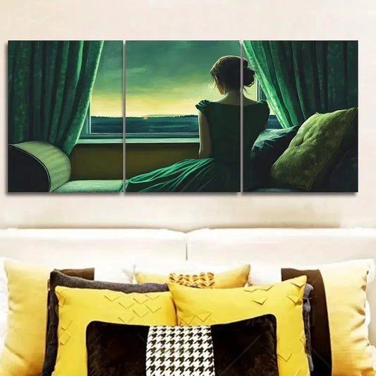 3pcs A Woman Contemplates the Fading Light Wall Art Set Canvas Framed 50x70cm - High Quality Print 100% Australian Made Wall Canvas Ready to Hang