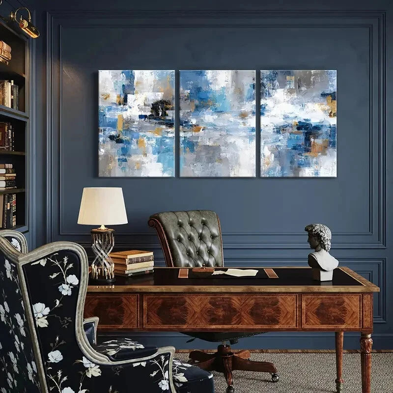3pcs Urban Abstract Blue & White Minimalist Metal Print Ready to Hang Art - Bella Home Decor